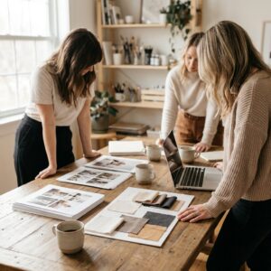 The studio team planning a client campaign around a table of photos and swatches