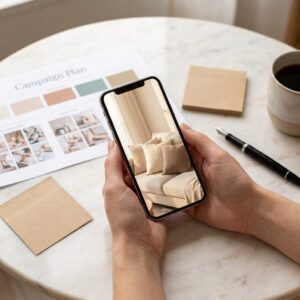Hands holding a phone with an ad photo over a printed campaign plan