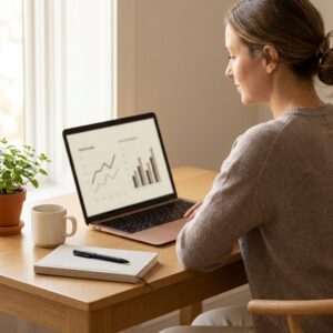 A woman working on her laptop with the Rise app open at a calm home desk